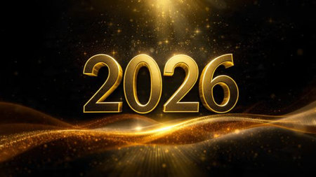 New Year 2026 premium visual with smooth gradient light arcs and soft confetti blur, luxury...
