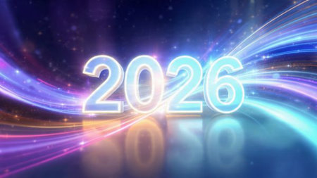 Premium 2026 celebration backdrop with frozen shimmer trails and soft cool lighting.