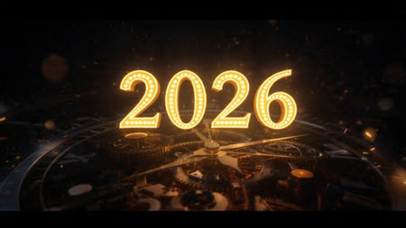 New Year 2026 luxury design with floating glassy numbers, soft crystal glow, minimalist celebration...