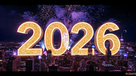 Luxury 2026 New Year scene with smooth glassy reflections and refined white balance.