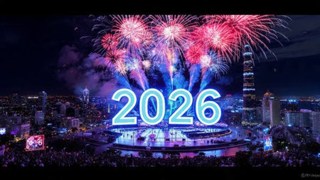Premium 2026 holiday template with cool glacial light spread and subtle festive shimmer.