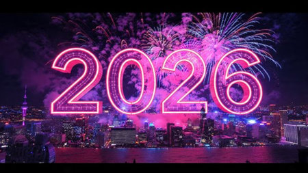 Premium 2026 greeting canvas with diamond frost particles and clean neutral design.