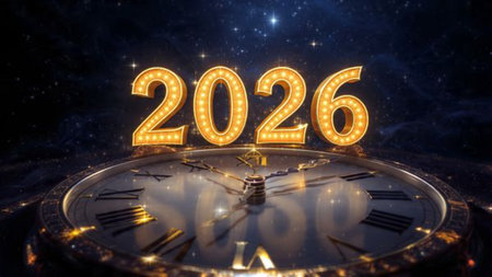 Luxury 2026 New Year scene with smooth glassy number reflections and refined white balance.