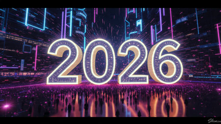 Premium 2026 celebration backdrop with diamond frost particles and crisp layout.