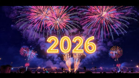Luxury 2026 greeting design with soft ice shimmer mist and silver glow accents.