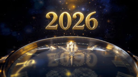 Elegant New Year 2026 scene with crystal glass numbers and subtle silver shimmer on a clean luxury...