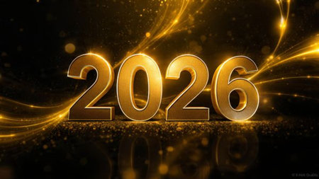 Elegant 2026 celebration backdrop with pearl-silver frost arcs and minimal noise.