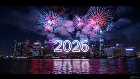 Premium 2026 luxury greeting with icy shimmer corners and soft festive glow.