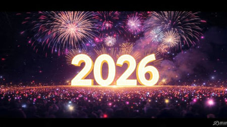 Premium 2026 celebration backdrop with frozen shimmer trails and soft cool lighting.