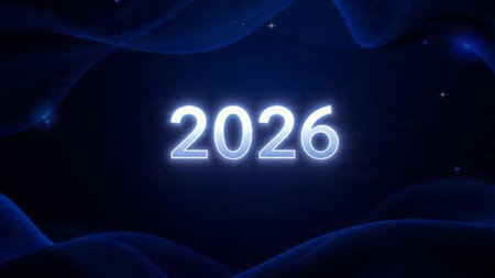 Luxury 2026 greeting design with soft ice shimmer mist and silver glow accents.