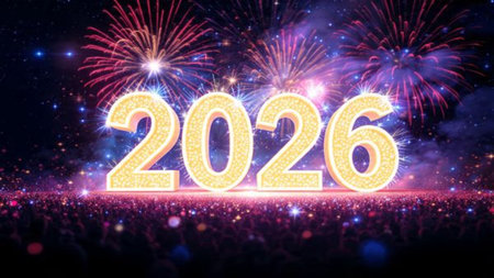 Elegant 2026 premium canvas with silver sparkle trails and soft cool glow.
