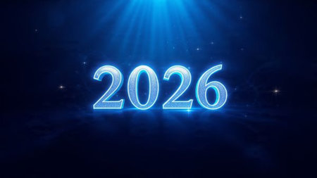 Premium 2026 greeting backdrop with minimal frost noise and cool sparkle accents.