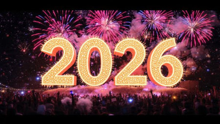 Premium 2026 New Year backdrop with smooth ice-glass reflections and calm winter mood.