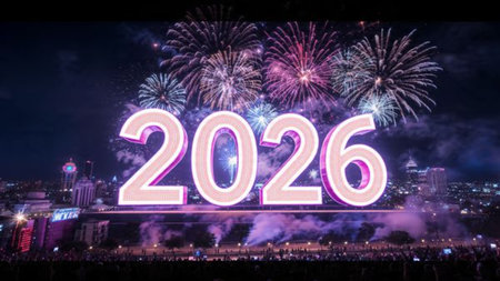 Premium New Year 2026 backdrop with smooth white gradient, subtle diamond-dust glow, ultra-sharp...
