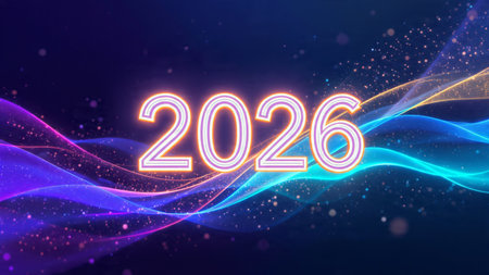 Elegant 2026 celebration visual with frozen sparkle particles and clean layout balance.