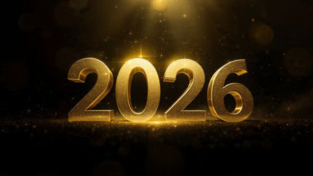 Luxury 2026 New Year scene with smooth glassy reflections and refined white balance.