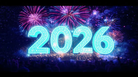 Premium 2026 luxury greeting with icy shimmer corners and soft festive glow.