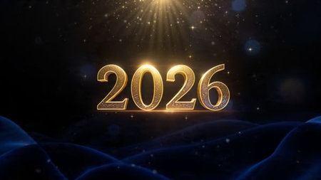 Luxury 2026 winter canvas with crystal-dust particles and clean festive space.