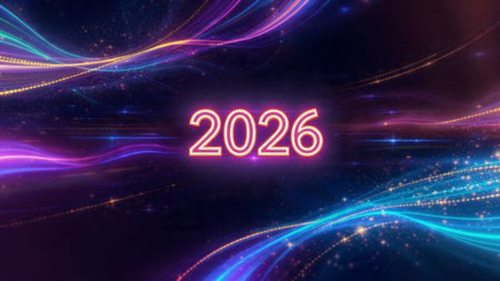 High-class 2026 New Year scene with icy sparkle particles and clean white background balance.