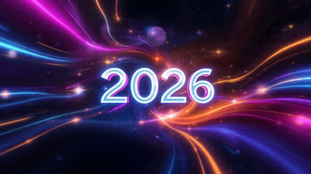 Premium 2026 New Year greeting with silky cool gradients and crisp layout balance.