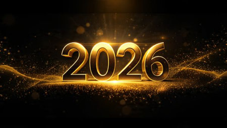 Luxury 2026 greeting design with soft ice-blue shimmer mist and silver glow accents.