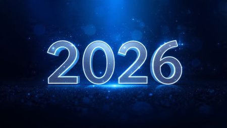 Elegant 2026 New Year composition with silver light ribbons and crisp winter sparkle particles.