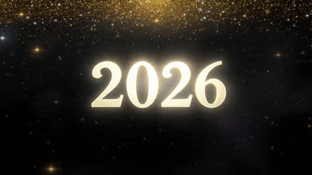 2026 New Year luxury greeting with ice-blue shimmer and subtle silver sparkle overlay.