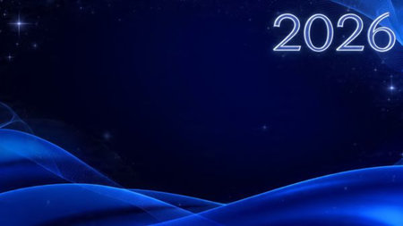 Minimal 2026 luxury greeting with silver sparkle field and refined white space composition.