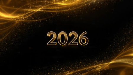 High-class 2026 greeting canvas with cool glimmer trails and minimal festive accents.