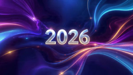 Elegant 2026 premium canvas with silver sparkle trails and soft cool glow.