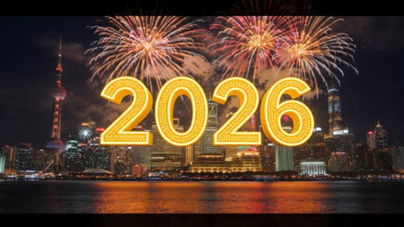 Luxury 2026 New Year greeting background with frozen bokeh glow, minimal festive accents.