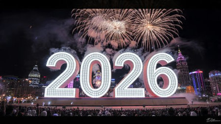 Premium 2026 luxury greeting with icy shimmer corners and soft festive glow.