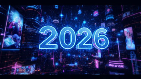 Luxury 2026 winter canvas with crystal-dust particles and clean festive space.
