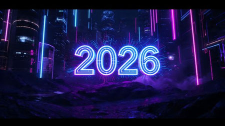 Luxury New Year 2026 background with silver clock silhouette, midnight glow, and soft frost...