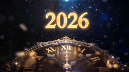 Premium 2026 luxury greeting with icy shimmer corners and soft festive glow.