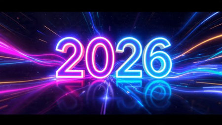 Premium 2026 greeting design with diamond frost spark overlay and minimal shadows.