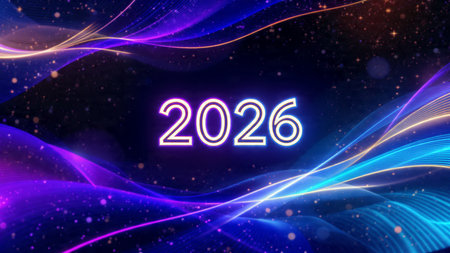 Premium 2026 New Year backdrop with soft frozen glow arcs and calm lighting.