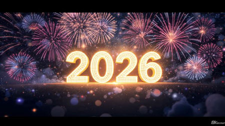 Premium 2026 luxury greeting with icy shimmer corners and soft festive glow.