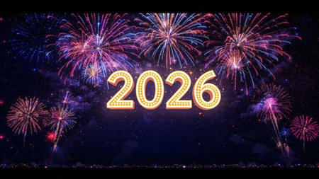 Premium 2026 luxury greeting with icy shimmer corners and soft festive glow.