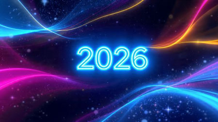 Minimal luxury New Year 2026 layout with clean white space, silver glow lines, premium marketing...
