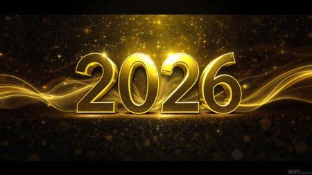Elegant 2026 New Year greeting with ice-blue bokeh, smooth light spread, premium holiday aesthetic.