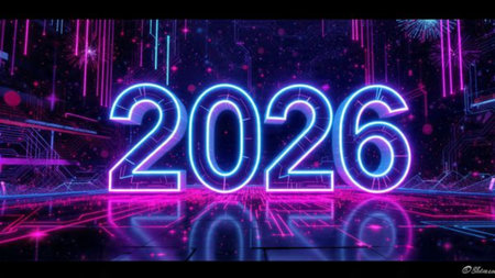 High-end 2026 New Year canvas with cool silver glow gradient and minimal festive charm.