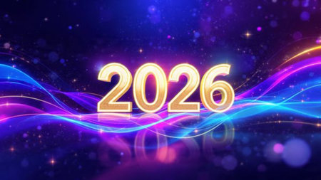 Premium 2026 celebration backdrop with frozen shimmer trails and soft cool lighting.