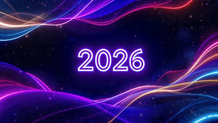 Premium New Year 2026 design with soft cool glimmer and silver sparkle field balance.