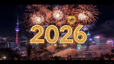 Premium 2026 greeting design with pearl-silver shimmer haze and minimal shadows.