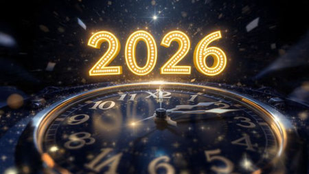 Luxury 2026 winter canvas with crystal-dust particles and clean festive space.