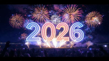 New Year 2026 premium visual with smooth gradient light arcs and soft confetti blur, luxury...