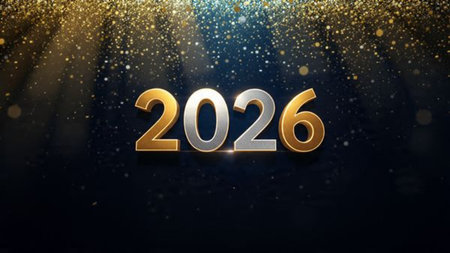 Elegant New Year 2026 scene with crystal glass numbers and subtle silver shimmer on a clean luxury...