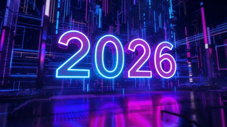 Premium 2026 New Year backdrop with smooth ice-glass reflections and calm winter mood.