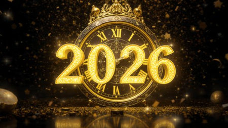 Luxury 2026 greeting canvas with crisp cool frost shine and refined copy space.